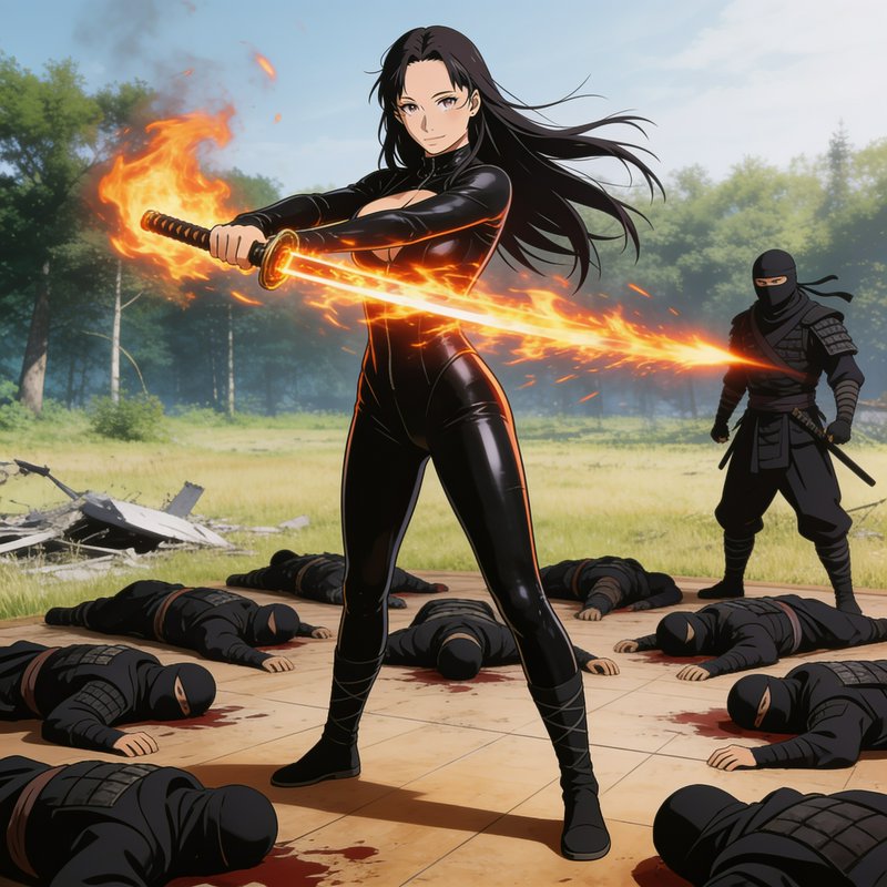 Anime female warrior wields a flaming katana, standing victorious over defeated ninja enemies on ...