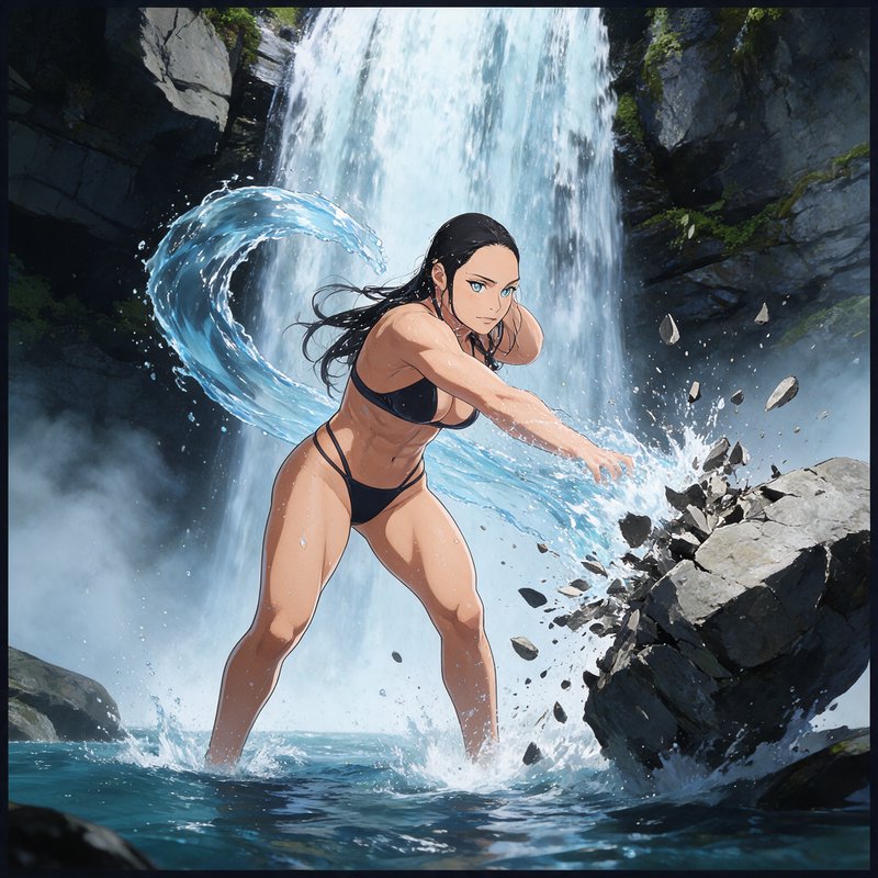 Dynamic anime waterbender uses hydrokinesis to smash rock while standing in a pool below a cascad...