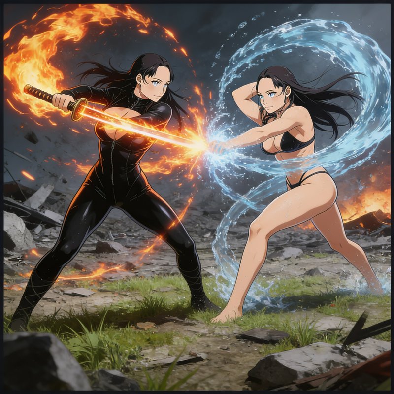 Anime illustration of two female elemental fighters clashing, one wielding a fire katana, the oth...