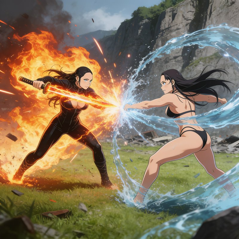 Anime elemental battle scene of two female fighters clashing, one wielding a flaming sword, the o...