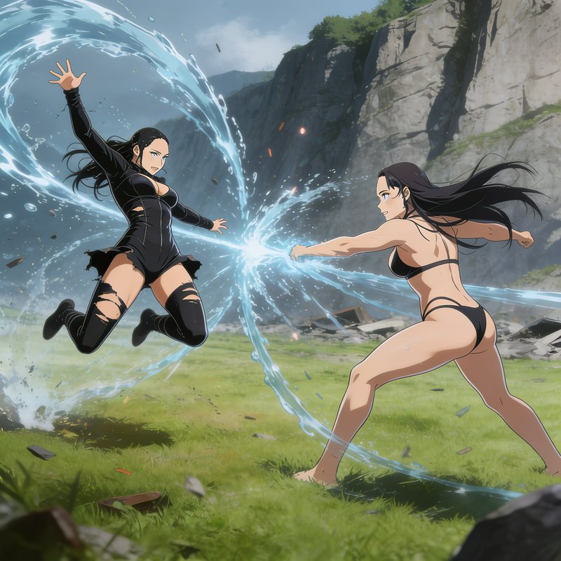Anime illustration of two female water magic users clashing elemental attacks during a battle in ...