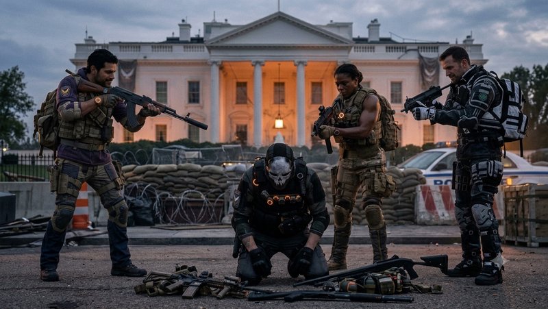 Four tactical operatives, one masked, gather around a weapons cache outside a fortified White Hou...