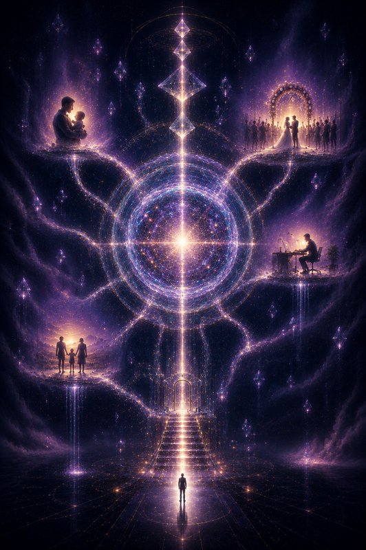 Surreal cosmic visionary art depicting life milestone stages connected by glowing purple and gold...