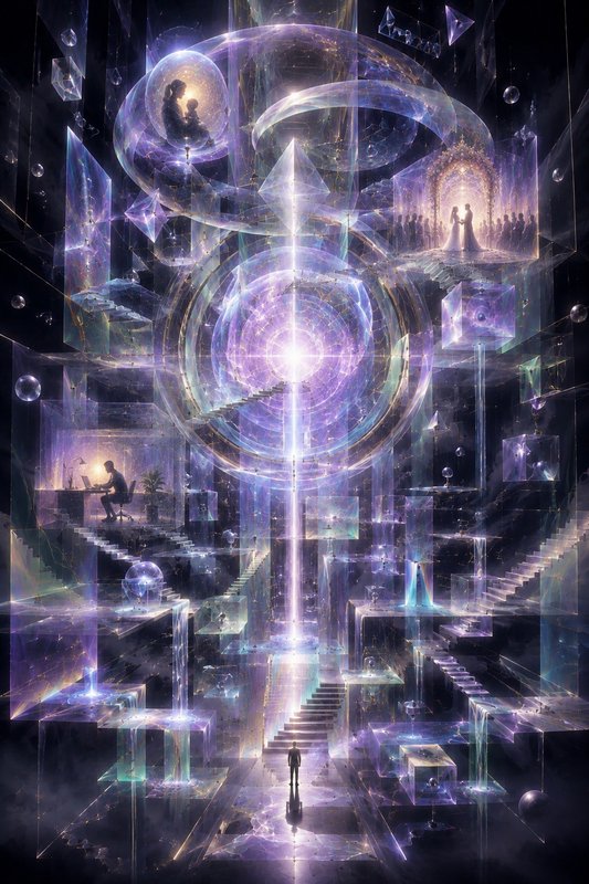 Surreal glowing ethereal artwork of a figure standing before a translucent cosmic tower holding s...