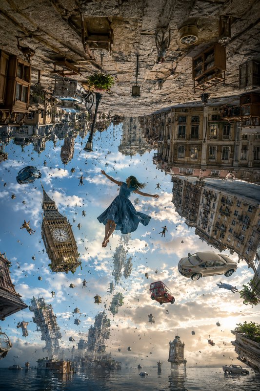 Surreal gravity-defying scene, woman in blue dress floating between upside-down floating city, fa...