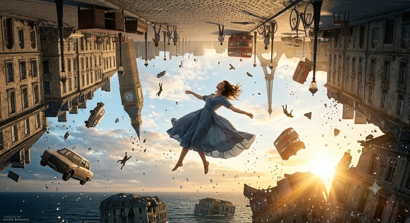 Surreal floating woman in blue dress amid upside-down city landmarks at golden sunset over the ocean