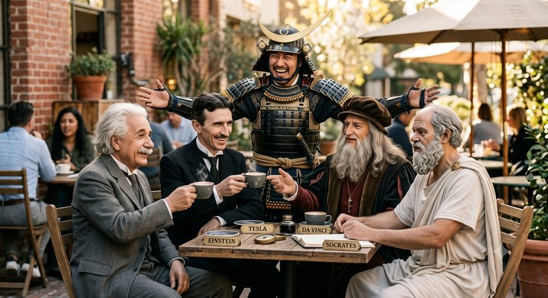 Whimsical scene of Einstein, Tesla, Da Vinci, Socrates, and a samurai sharing coffee at a sunny o...