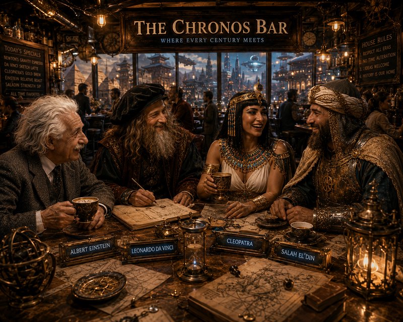 Four legendary historical figures Einstein, da Vinci, Cleopatra, and Saladin gather for drinks at...