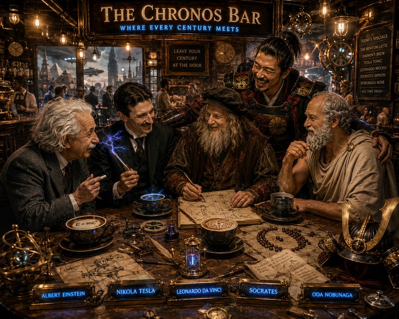Iconic historical figures Einstein, Tesla, Da Vinci, Socrates, and Nobunaga share a laugh at the ...