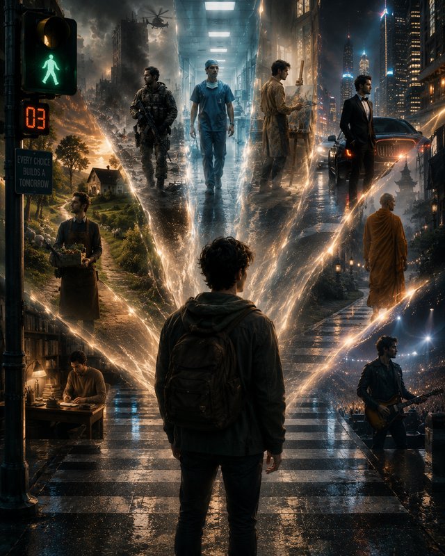 Man standing at a crossroads views glowing branching paths showing alternate future life and care...