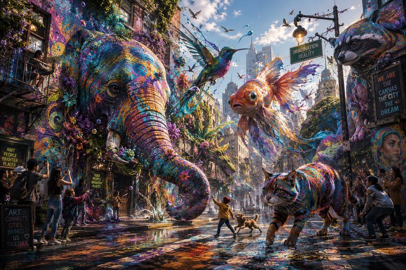 Surreal city street scene with coming-to-life psychedelic painted animals, floating fish, and onl...