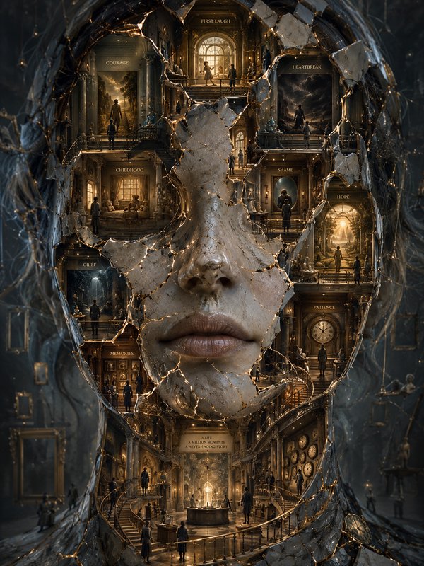 Surreal kintsugi cracked human face containing layered interior rooms representing life memories ...