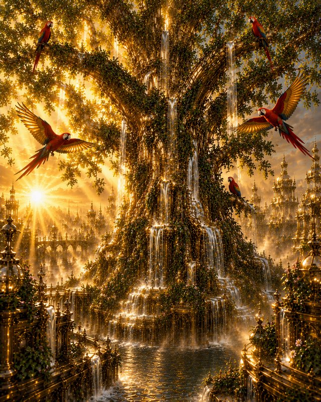 Ornate golden tree fountain with cascading water, scarlet macaws, glowing sunset over a fantasy g...