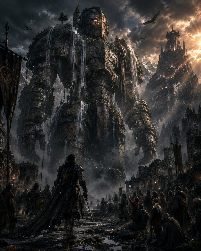 Massive ancient stone colossus looms over a medieval village, lone armored knight faces the giant...