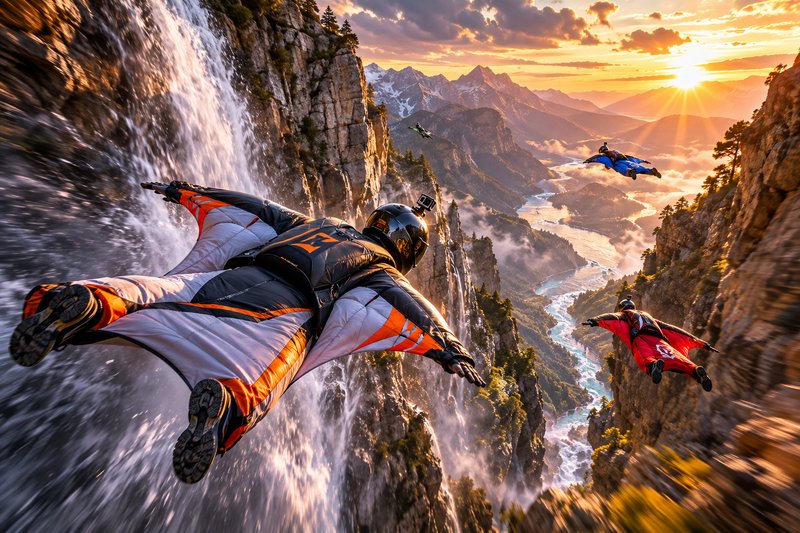 Group of wingsuit flyers glide past a cliff waterfall over an alpine river valley at vibrant gold...