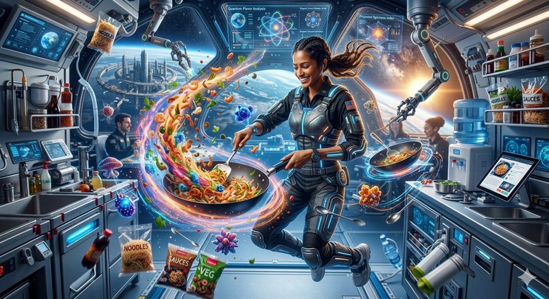 [Smiling female astronaut cooks floating stir fry in zero gravity inside a futuristic space station kitchen overlooking or...