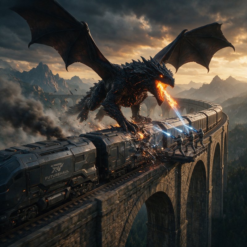 Giant fire-breathing obsidian dragon attacks a futuristic freight train on a stone viaduct, as so...