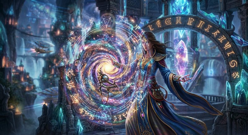 Female arcane sorceress conjures a swirling glowing runic spell beside a rune-carved stone arch