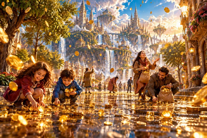 Joyful townsfolk collect falling gold coins on a sunlit fantasy street with a distant tiered fair...