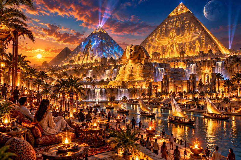 Fantasy ancient Egyptian city with glowing pyramids, Great Sphinx, waterfalls and canal boats at ...