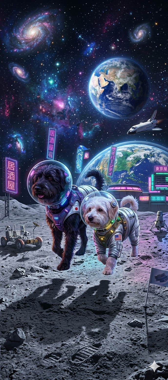 Two terrier dogs in astronaut space suits walking on a cyberpunk lunar base, with spiral galaxies and Earth visible in sta...