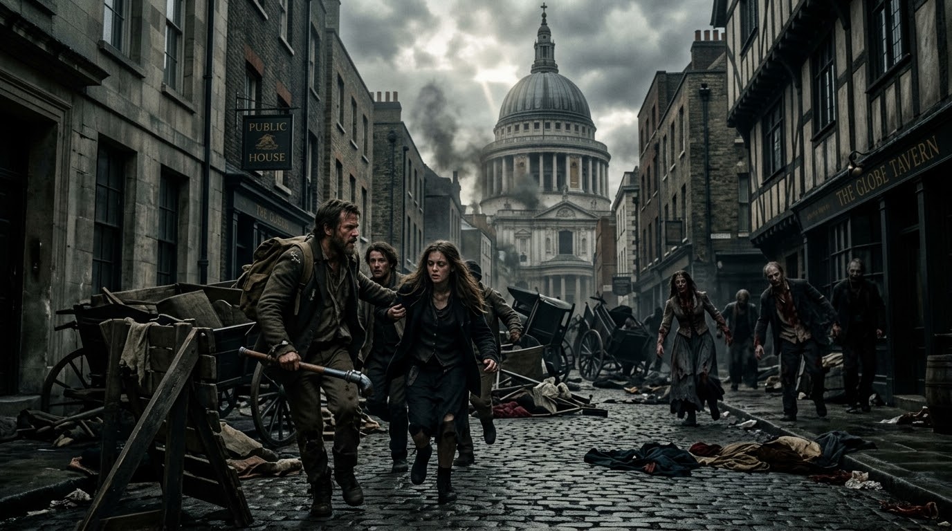 Desperate survivors flee approaching zombies down a war-torn Victorian London street with St Paul's Cathedral in the distance