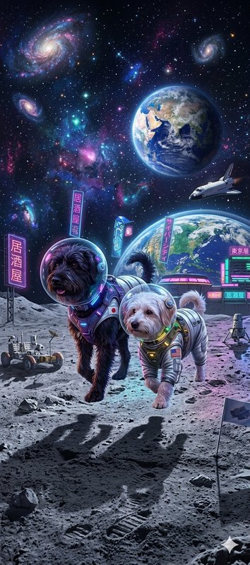 Two terrier dogs in astronaut space suits walking on a cyberpunk lunar base, with spiral galaxies...