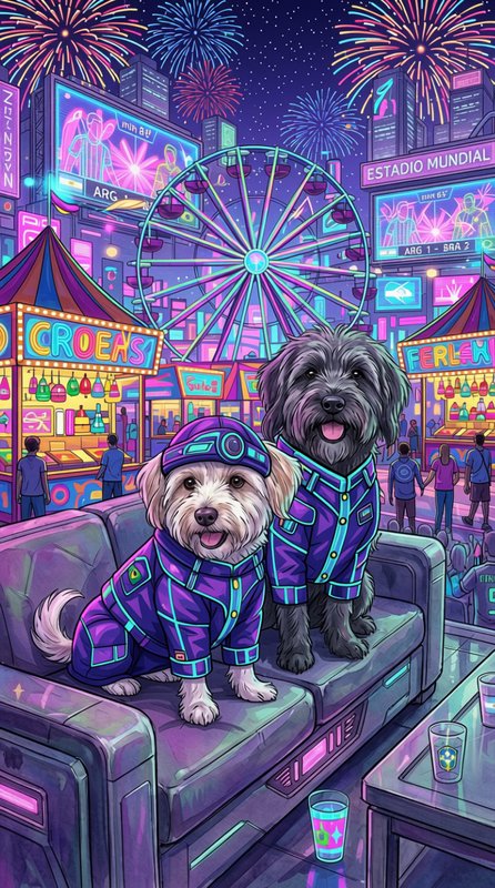 Two dogs in futuristic neon suits sit on a couch overlooking a glowing cyberpunk carnival with fi...