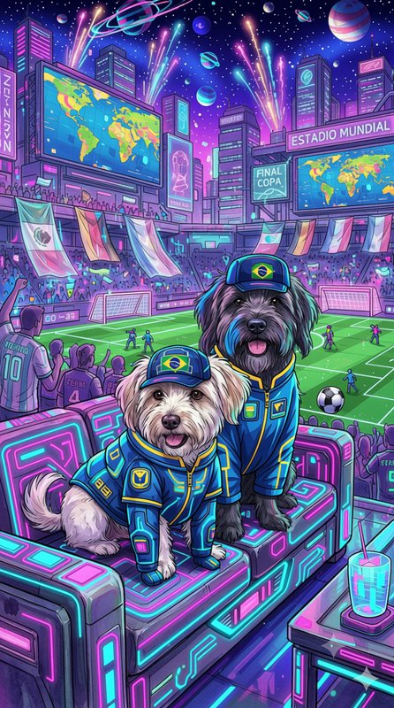 Two happy dogs in Brazil team gear sit on neon VIP seats at a futuristic cyberpunk world cup socc...