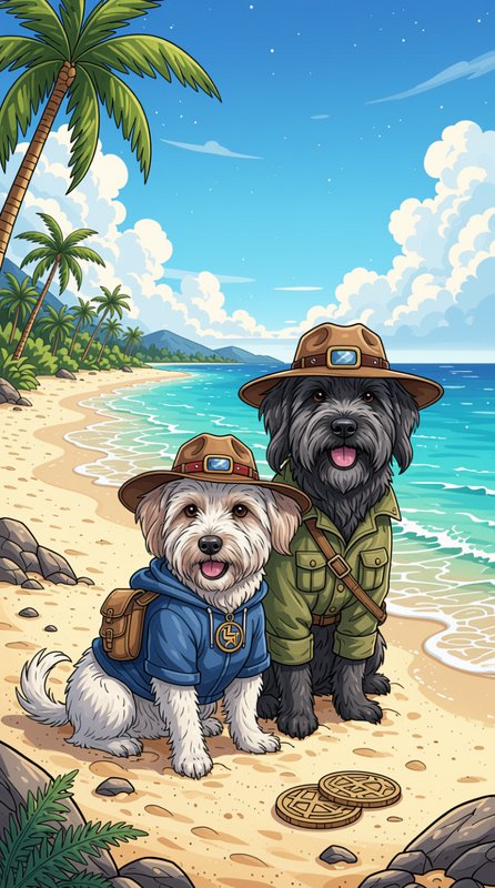 Two anthropomorphic explorer dogs in safari hats sit on a sunny tropical beach beside ancient gol...
