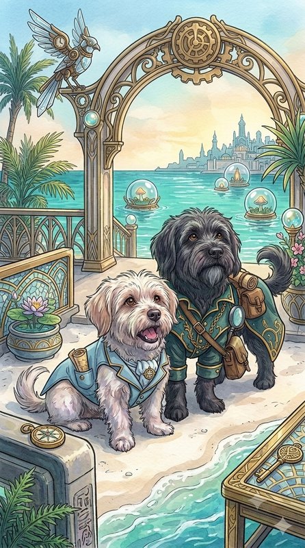 Steampunk fantasy illustration of two explorer dogs on an ornate seaside balcony overlooking a ma...