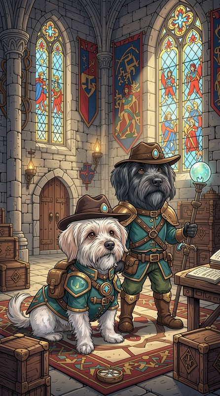 Two anthropomorphic adventurer dogs in fantasy armor stand in a medieval castle hall with stained...
