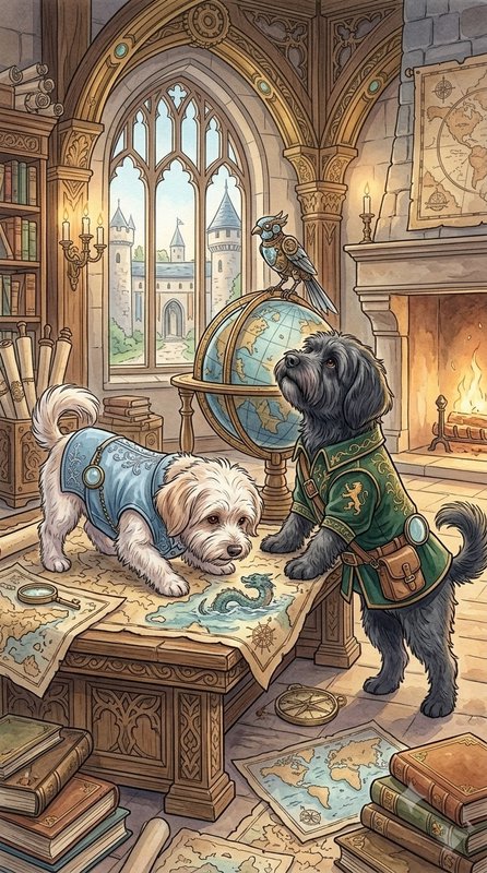 Whimsical fantasy illustration of two explorer dogs planning an adventure in a cozy medieval cast...