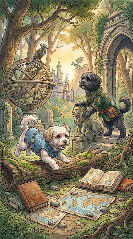 Whimsical fantasy storybook illustration of anthropomorphic adventurer dogs exploring an enchante...
