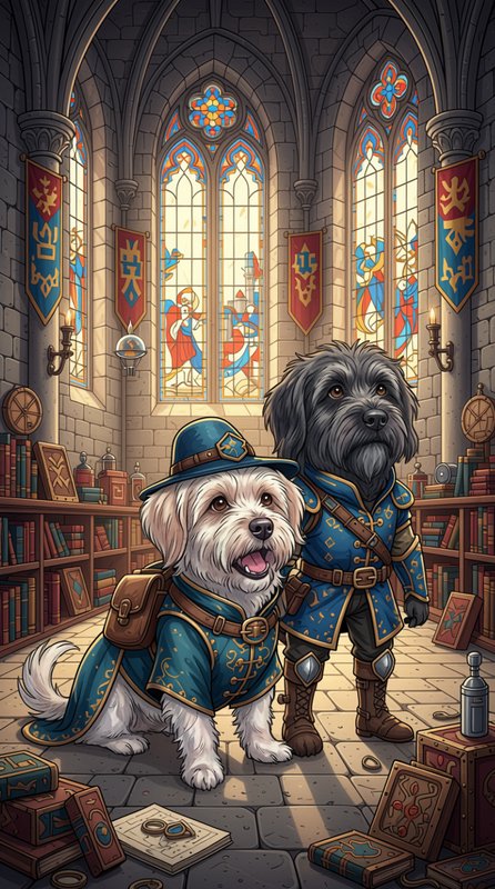 Two anthropomorphic fantasy adventurer dogs in medieval blue gear stand in a sunlit gothic castle...