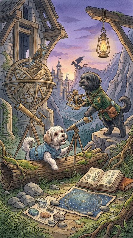 Whimsical fantasy art of two scholar dogs using telescopes at a mountain observatory overlooking ...