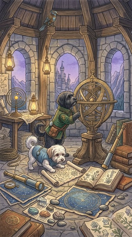 Whimsical fantasy illustration of two adventurer scholar dogs researching astronomy in a stone ob...