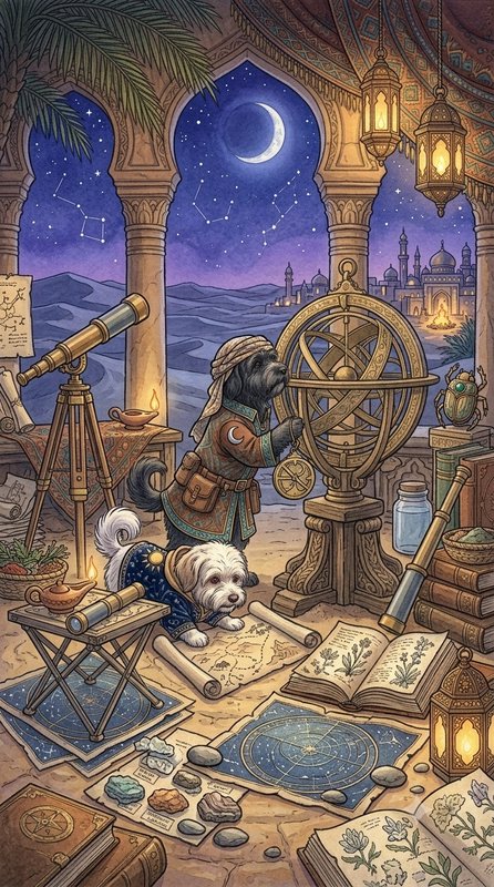 Anthropomorphic dog astronomers study an armillary sphere and star charts in an ornate desert ten...
