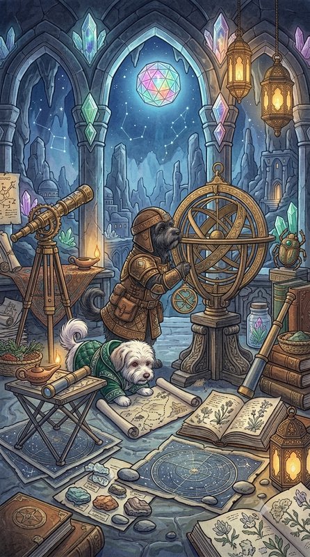 Whimsical fantasy illustration of two scholarly anthropomorphic dogs working in a crystal star ob...