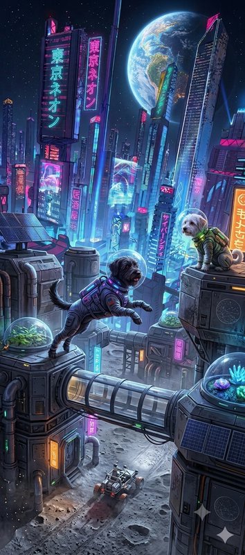 Two suited astronaut dogs, one mid-leap, overlook a neon cyberpunk lunar city with Earth visible ...