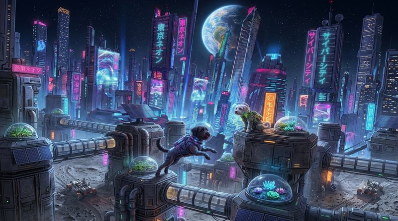 Cyberpunk lunar colony skyline at night, featuring astronaut dogs, glowing neon signage, and Eart...