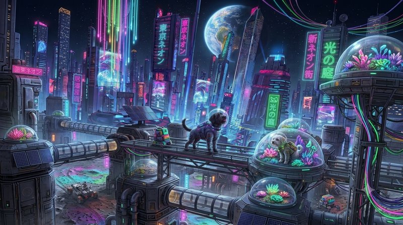 Cyberpunk off-world metropolis with astronaut dogs, glowing Japanese neon signs, and planet Earth...