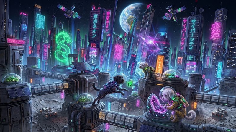 Cyberpunk lunar cityscape featuring astronaut dogs, glowing neon signage, and Earth visible in st...