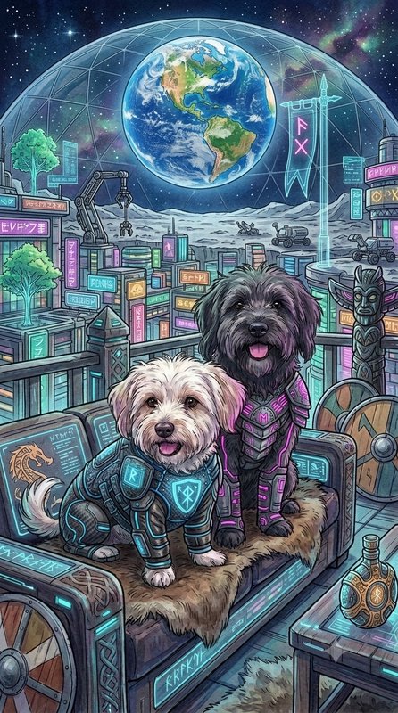Two fluffy dogs in glowing cyber armor sit on a balcony overlooking a domed lunar sci-fi city, wi...