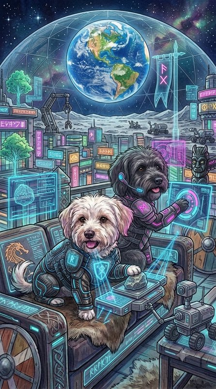 Two dogs in futuristic space suits use holographic tech overlooking a domed lunar colony with Ear...