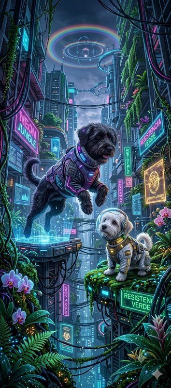 Two astronaut dogs in an overgrown neon cyberpunk city, one leaping between floating mossy platforms