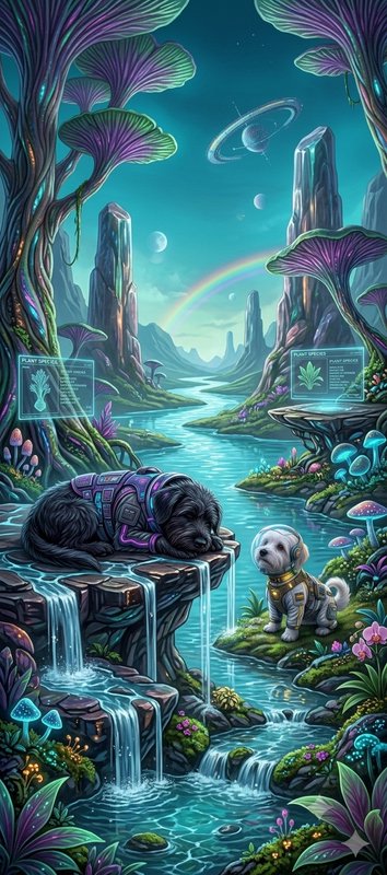 Two astronaut dogs rest in a vibrant alien valley with a glowing river, bioluminescent mushrooms,...