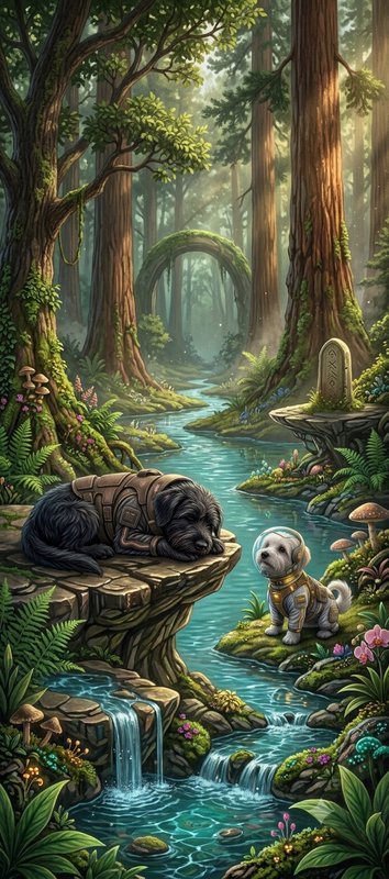 Fantasy illustration of two futuristic explorer dogs beside a turquoise stream in a sunlit lush e...