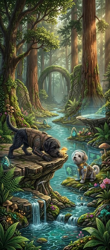 Two futuristic explorer dogs in sci-fi gear investigate a glowing enchanted ancient forest along ...