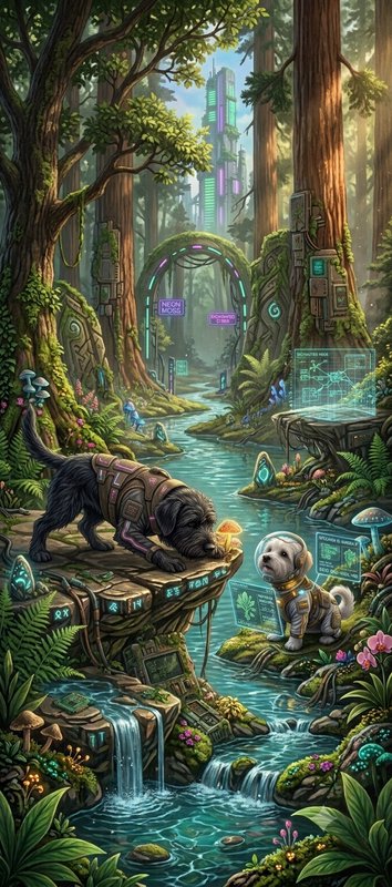 Biopunk cyberpunk forest scene with two futuristic explorer dogs beside a glowing stream, neon te...